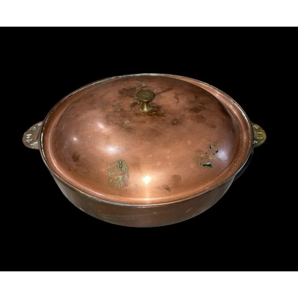 Vtg Copper Fry Skillet Pan Brass Handles 10 Inch Patina Farmhouse Decoration